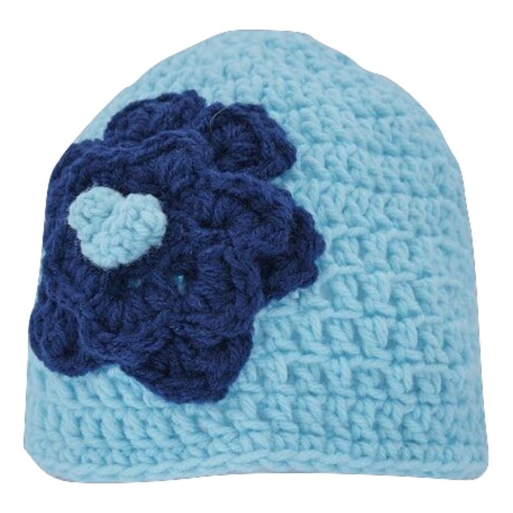 Women’s Homemade Hand Crocheted Light Blue & Navy Blue Flower Beanie Winter Hat